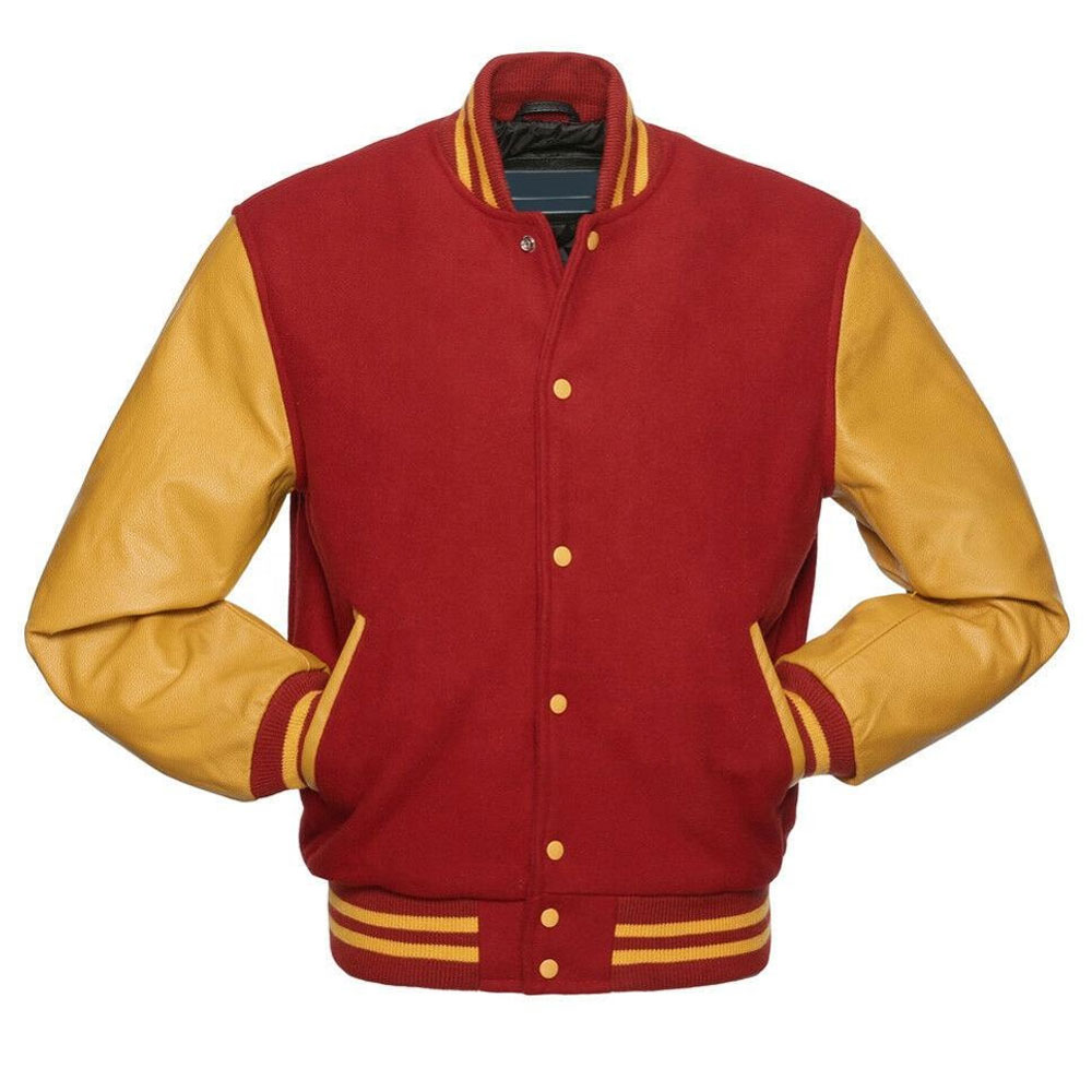 Red Wool and Gold Leather Sleeves Letterman Jackets