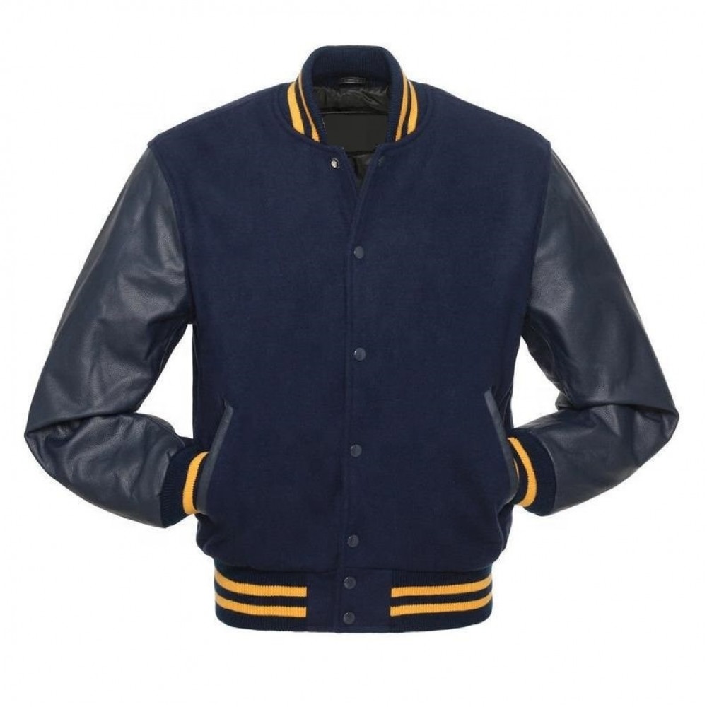 Navy Blue Wool and Leather Sleeves Gold Strips Varsity Jacket