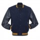 Navy Blue Wool and Leather Sleeves Gold Strips Varsity Jacket