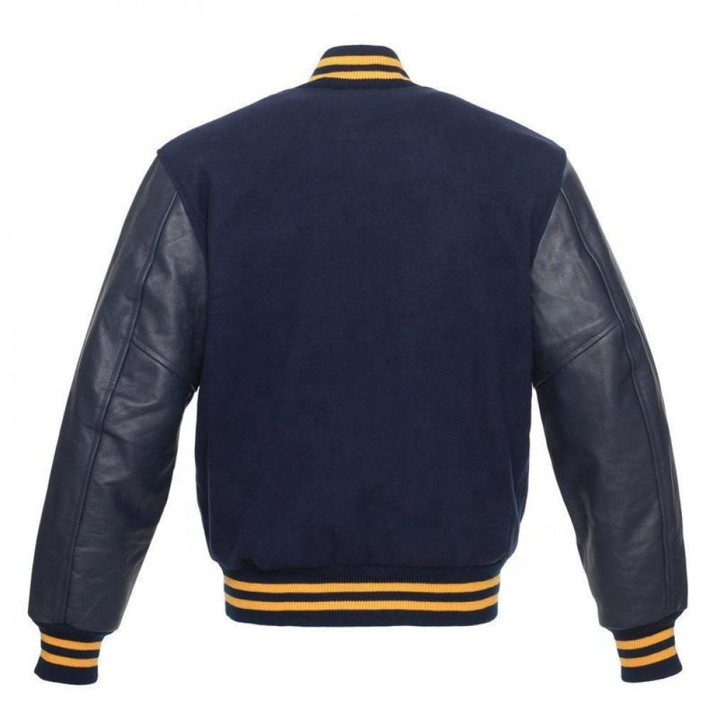 Navy Blue Wool and Leather Sleeves Gold Strips Varsity Jacket