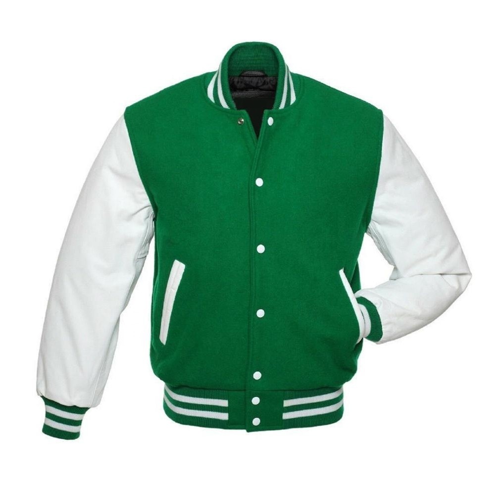 Green Wool and White Leather Sleeves Varsity Jacket