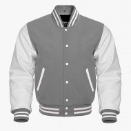 Gray And White leather sleeves Varsity Baseball Jackets