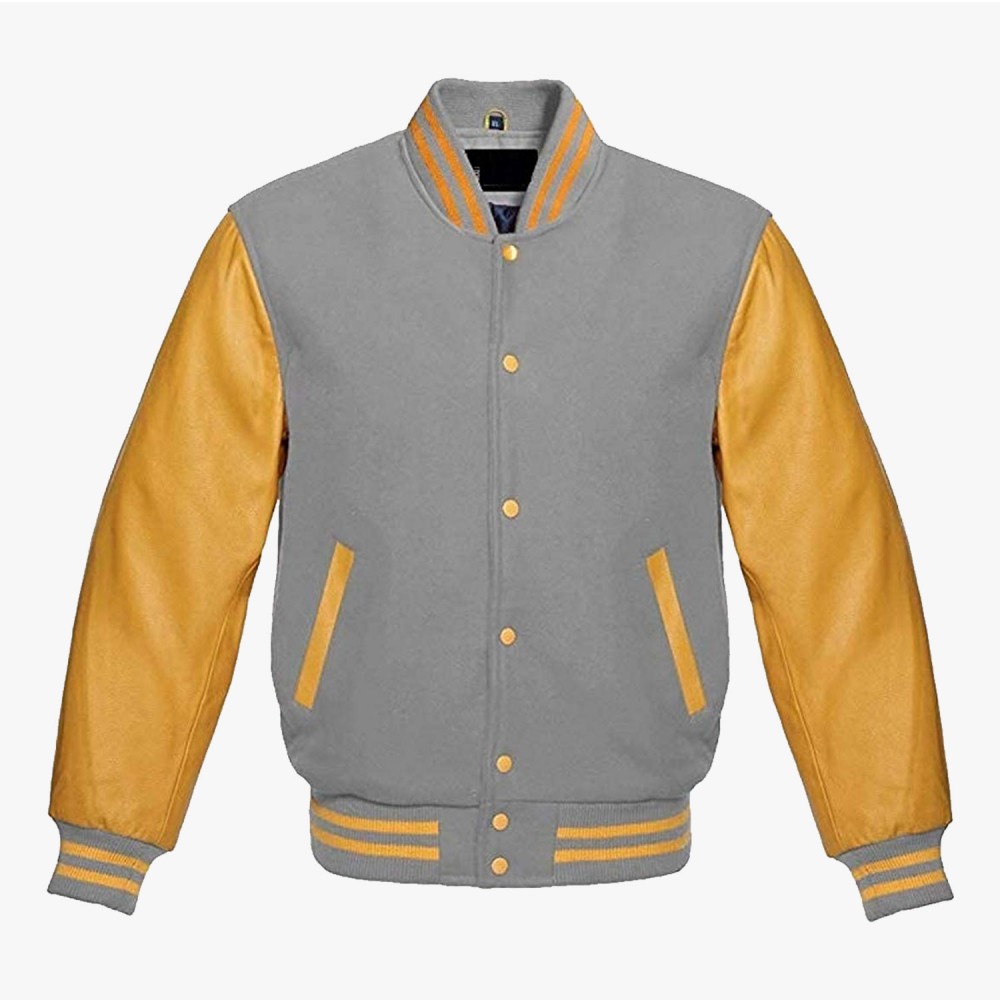 Gray And Yellow leather sleeves Varsity Baseball Jackets