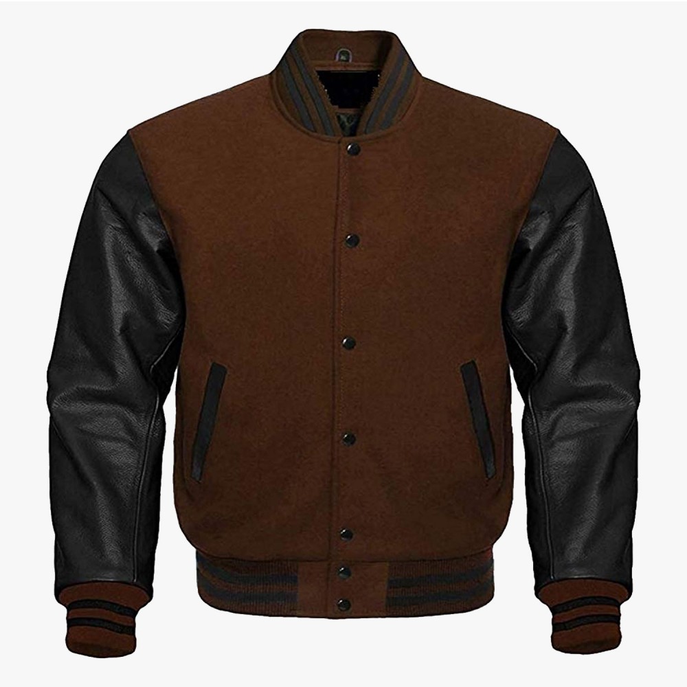 Brown Wool And Black Leather Sleeves Varsity Baseball Jackets