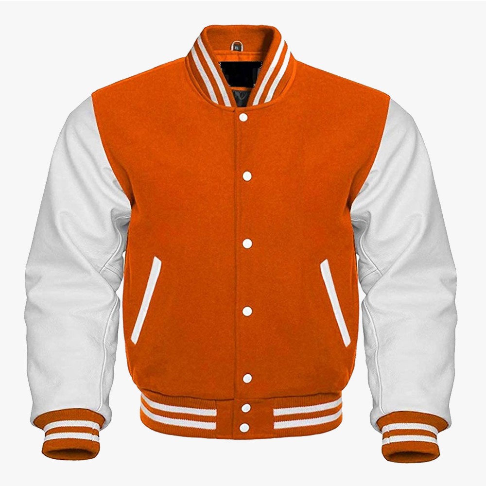 Orange Wool And White leather sleeves Stylish Varsity Letterman Jackets