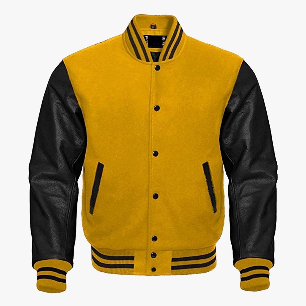 Yellow And Black leather sleeves Varsity Bomber Jackets