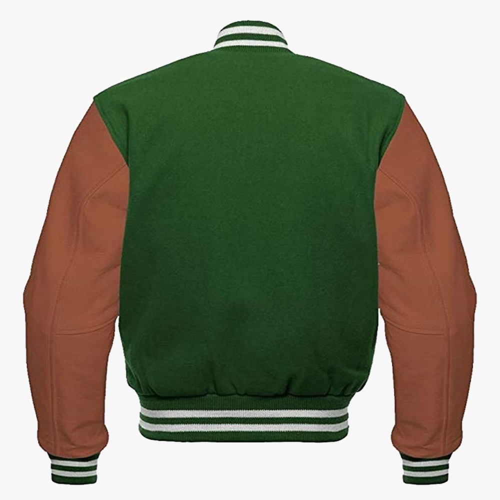 Green And Brown leather sleeves Stylish Varsity Bomber Jackets