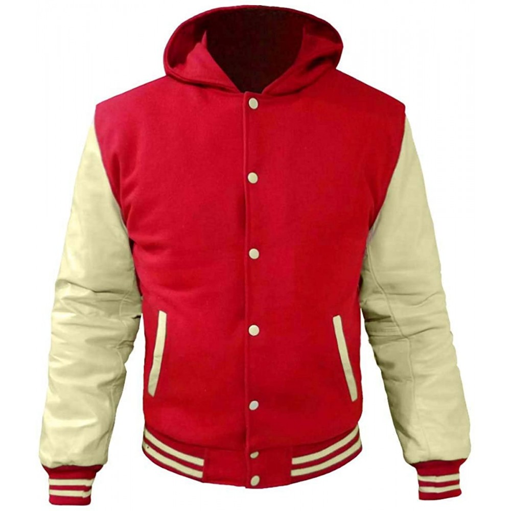 Latest Style College Jacket / Varsity Jacket with Hood and Wool with Leather sleeve