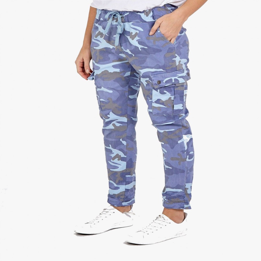 New Blue Colour Lagenlook Stretch Joggers Blue Tie Dye Magic Trousers Pockets