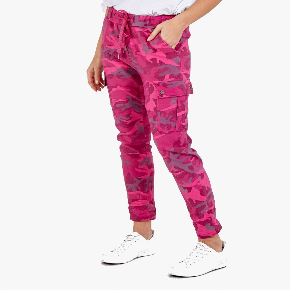 Women’s Hot Pink Camouflage Print Super Magic Stretch Tie String Chino Trousers