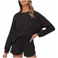 Spring And Autumn Long Sleeve T Shirt And Shorts Set Two Piece Waffle Knit Casual Women Lounge Sleepwear Suits