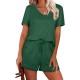 Custom Summer Women Shorts 2 Piece Set Plain V Neck T Shirt and Running Shorts Set