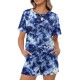 Women Tie Dye Ribbed Knitted Blue T-shirt and Shorts Two Pieces Sets