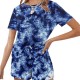 Women Tie Dye Ribbed Knitted Blue T-shirt and Shorts Two Pieces Sets