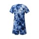 Women Tie Dye Ribbed Knitted Blue T-shirt and Shorts Two Pieces Sets