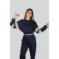 Women’s Navy Blue Sleeve Stripe Crop Top Jogger Bottom Sweat Suit