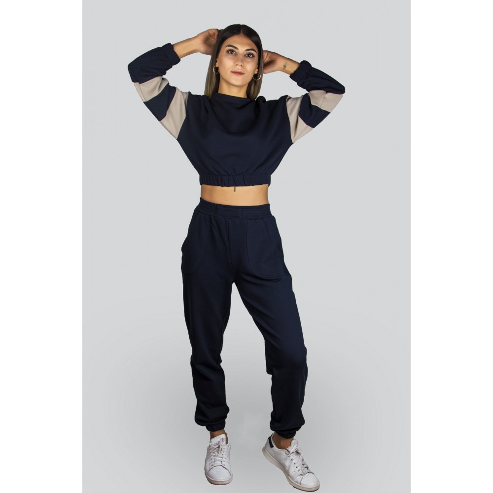 Women’s Navy Blue Sleeve Stripe Crop Top Jogger Bottom Sweat Suit