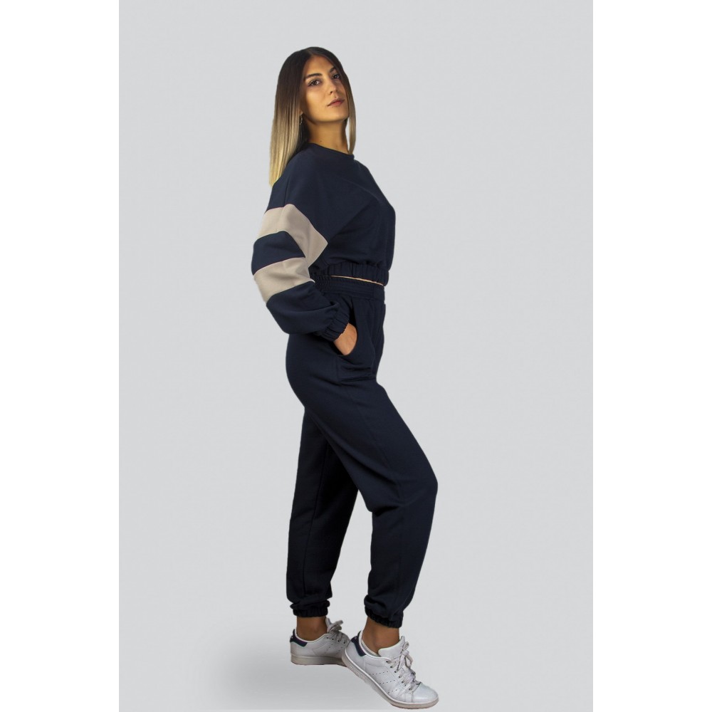 Women’s Navy Blue Sleeve Stripe Crop Top Jogger Bottom Sweat Suit