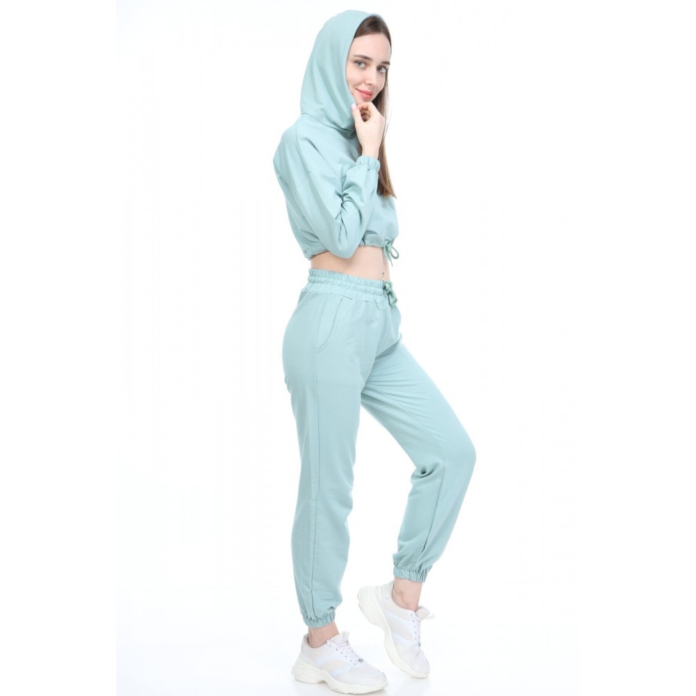 Women’s Mint Green Top Crop Elastic Tracksuit Set