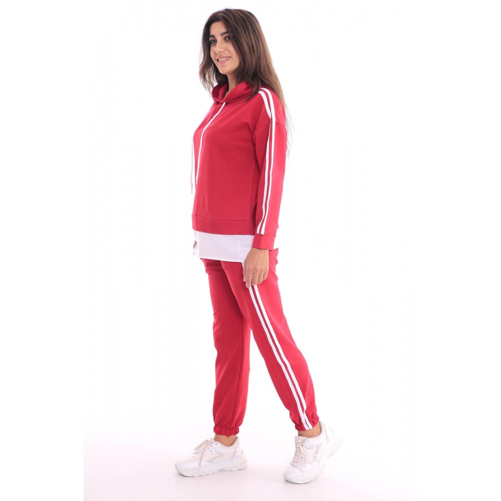 Women’s Red Hooded and Pant Striped Tracksuit