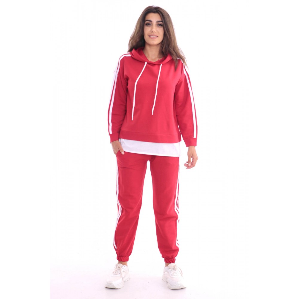 Women’s Red Hooded and Pant Striped Tracksuit