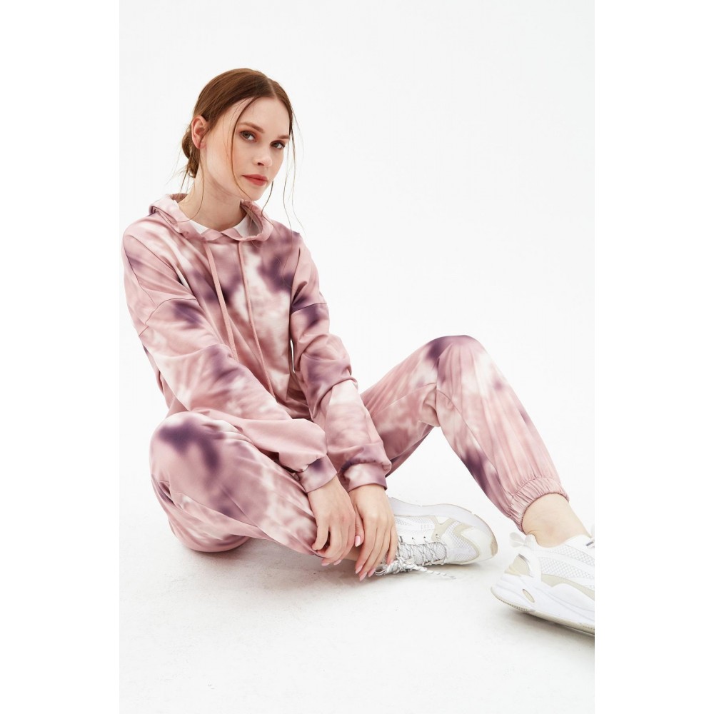 Women’s Dried Rose Tie Pattern Hooded Jogger Tracksuit Set