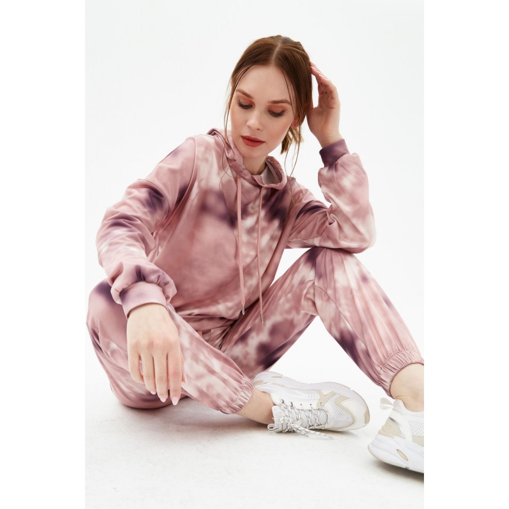 Women’s Dried Rose Tie Pattern Hooded Jogger Tracksuit Set