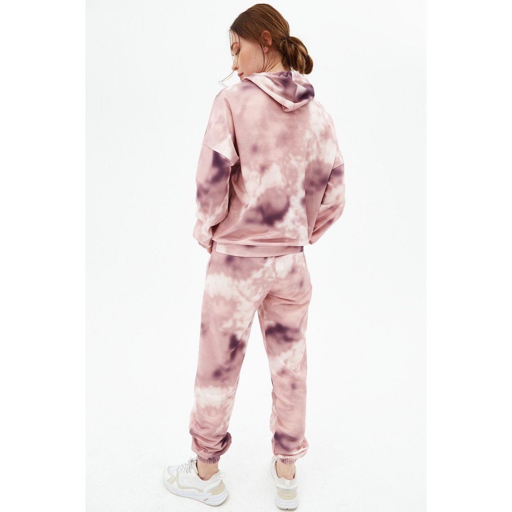 Women’s Dried Rose Tie Pattern Hooded Jogger Tracksuit Set