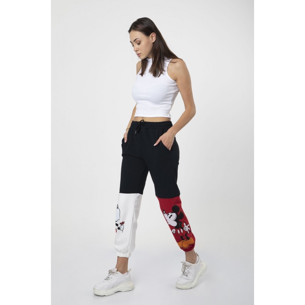 Women’s Black Trousers Elastic Color-Blocked Mickey Printed Sweatpants