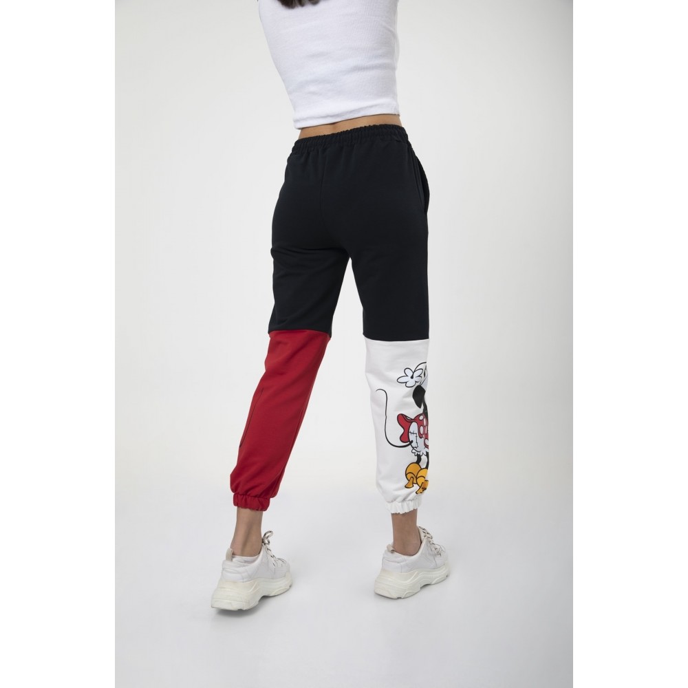 Women’s Black Trousers Elastic Color-Blocked Mickey Printed Sweatpants