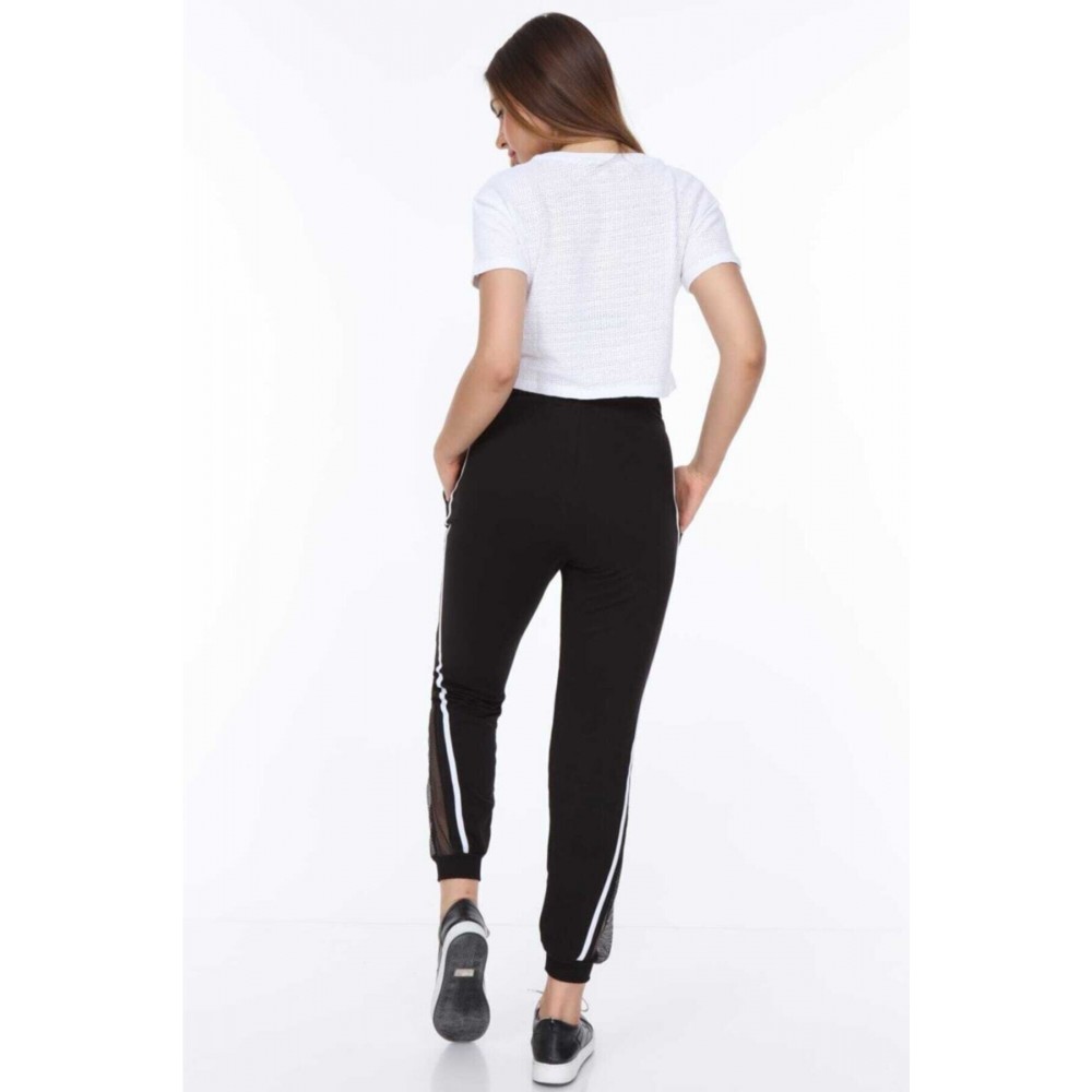 Women’s Black Side Mesh White Double Striped White Drawstring Ankle Ribbed Tracksuit Bottom