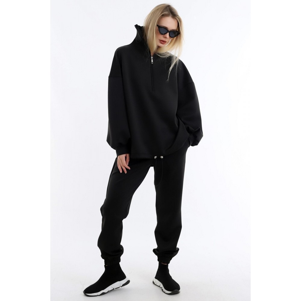 Women’s Black Collar Long Zippered Scuba Fabric Comfortable Stylish And Sporty Jogging Suit