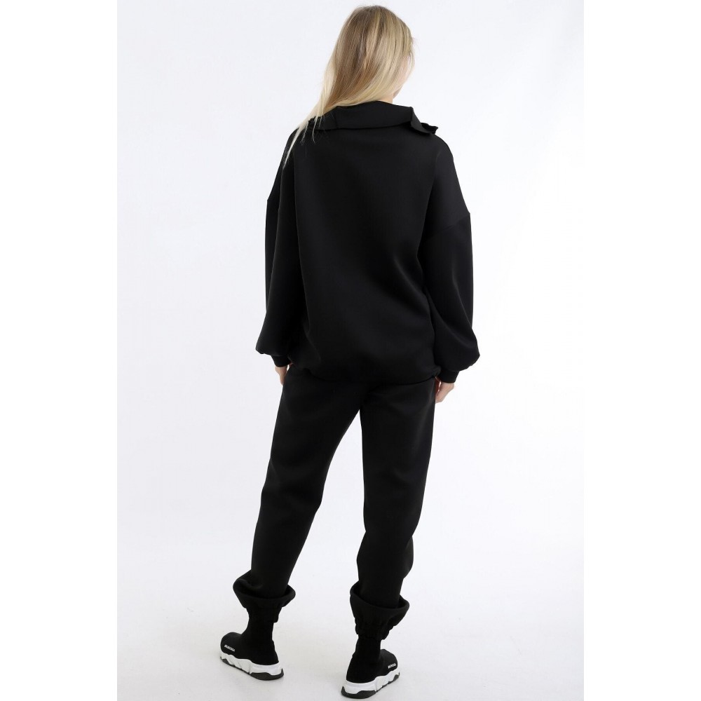 Women’s Black Collar Long Zippered Scuba Fabric Comfortable Stylish And Sporty Jogging Suit