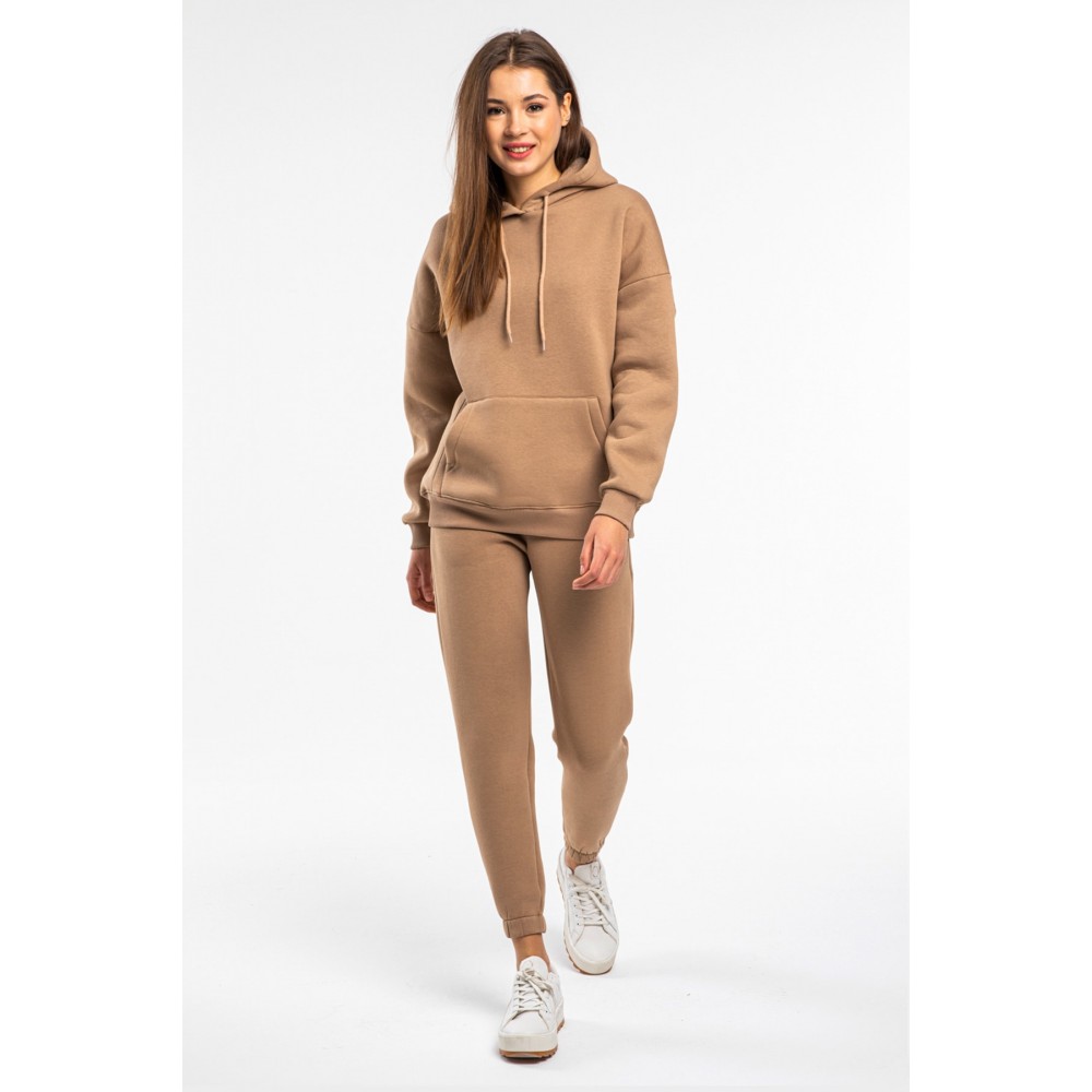 Women’s Beige Fleece Track Suit With Kangaroo Pocket