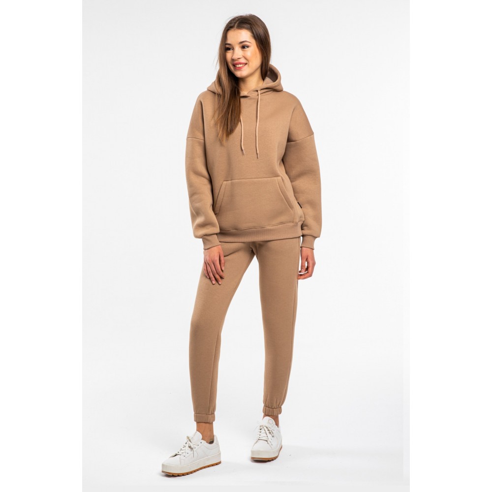 Women’s Beige Fleece Track Suit With Kangaroo Pocket