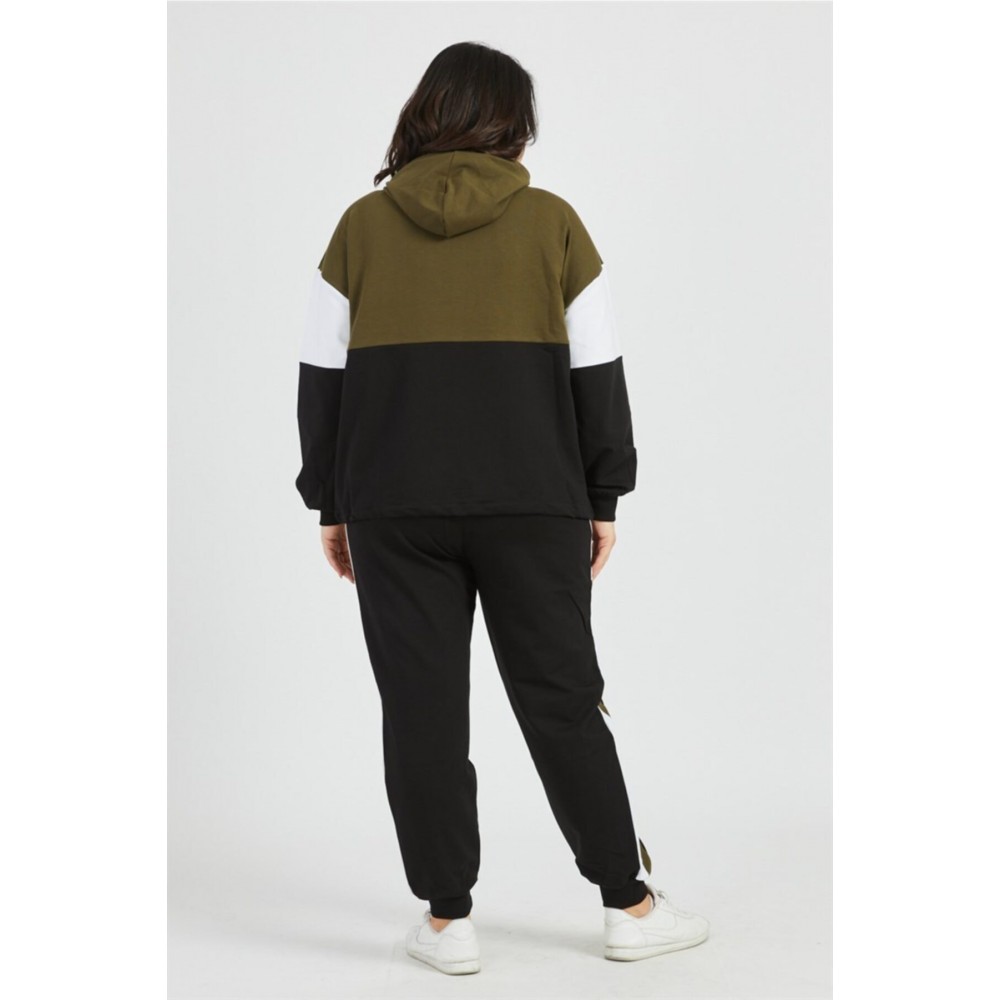 Women Khaki Garnished Hooded Zippered Tracksuit Set