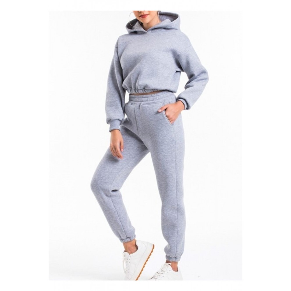 Women Gray Hooded High Waist Fleece Fabric Tracksuit Set