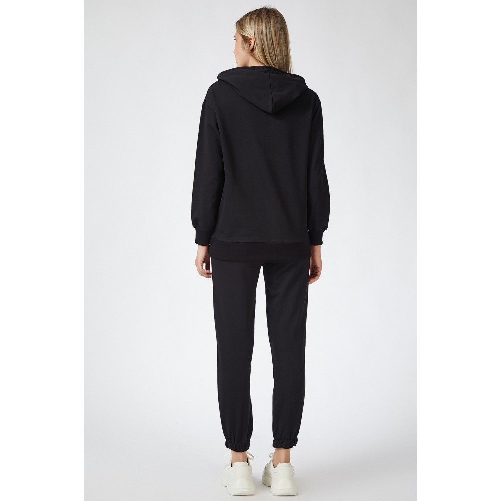 Women Black Hooded Spring Tracksuit Set