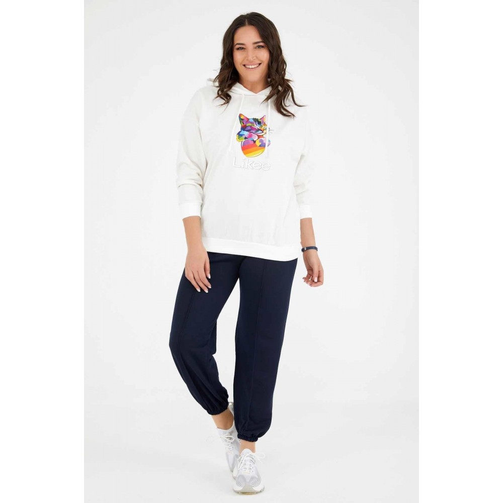 Woman Navy Blue and White Plus Size Tracksuit With Pockets