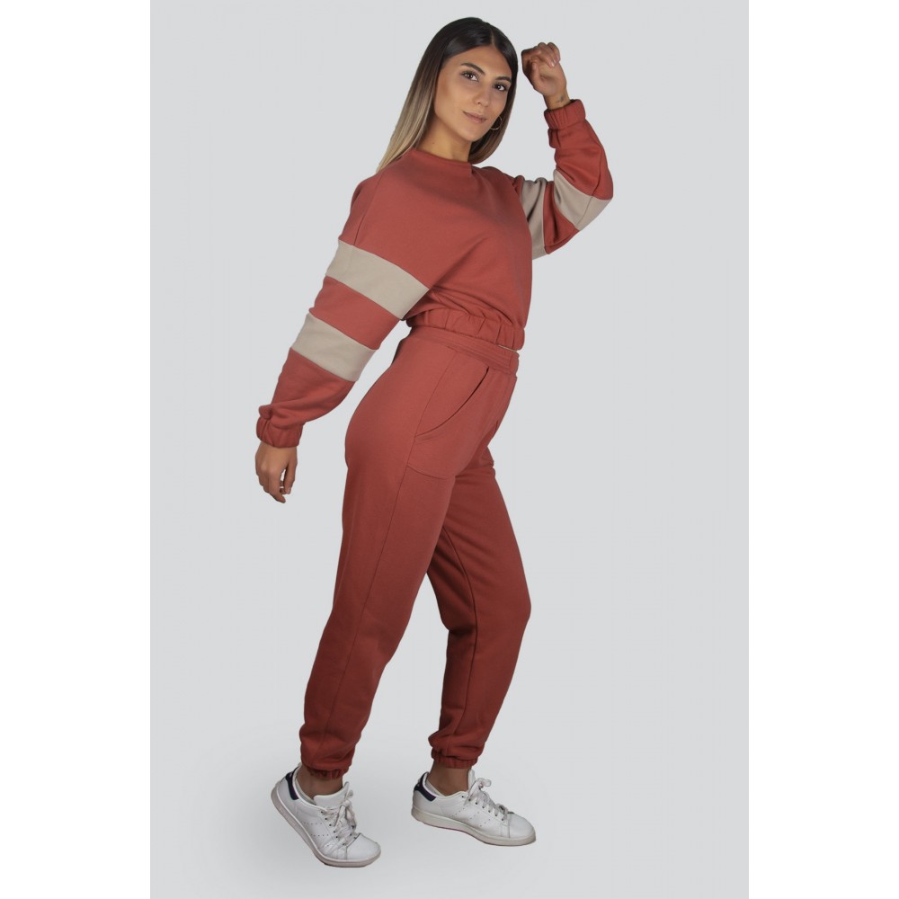 Pomegranate Flower Sleeve Striped Crop Top Jogger Bottom Sweat Suit