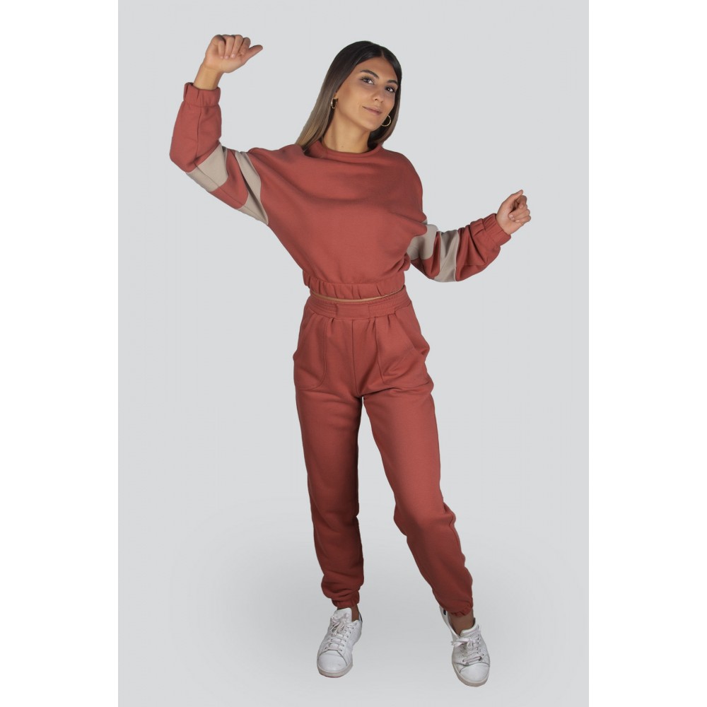 Pomegranate Flower Sleeve Striped Crop Top Jogger Bottom Sweat Suit