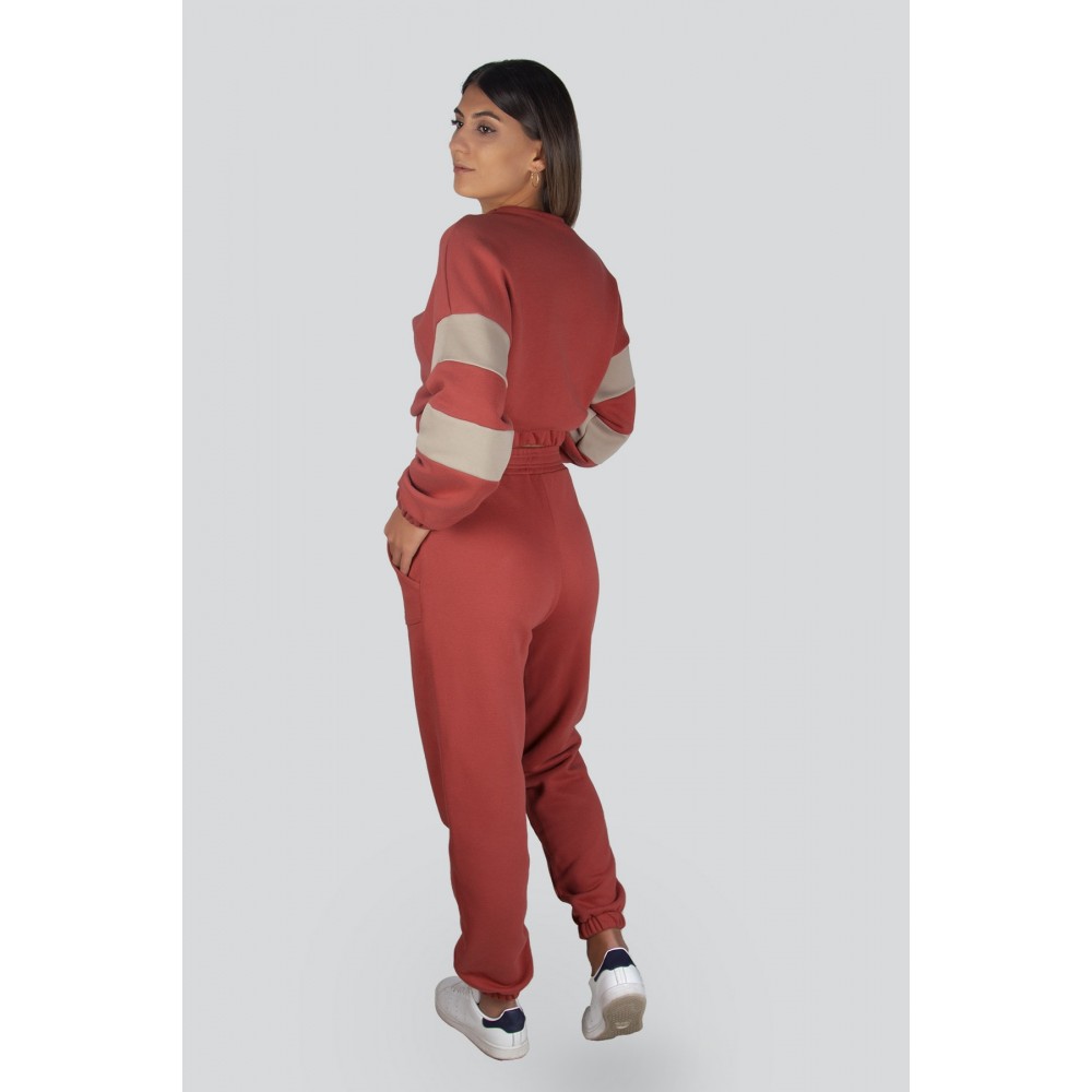 Pomegranate Flower Sleeve Striped Crop Top Jogger Bottom Sweat Suit